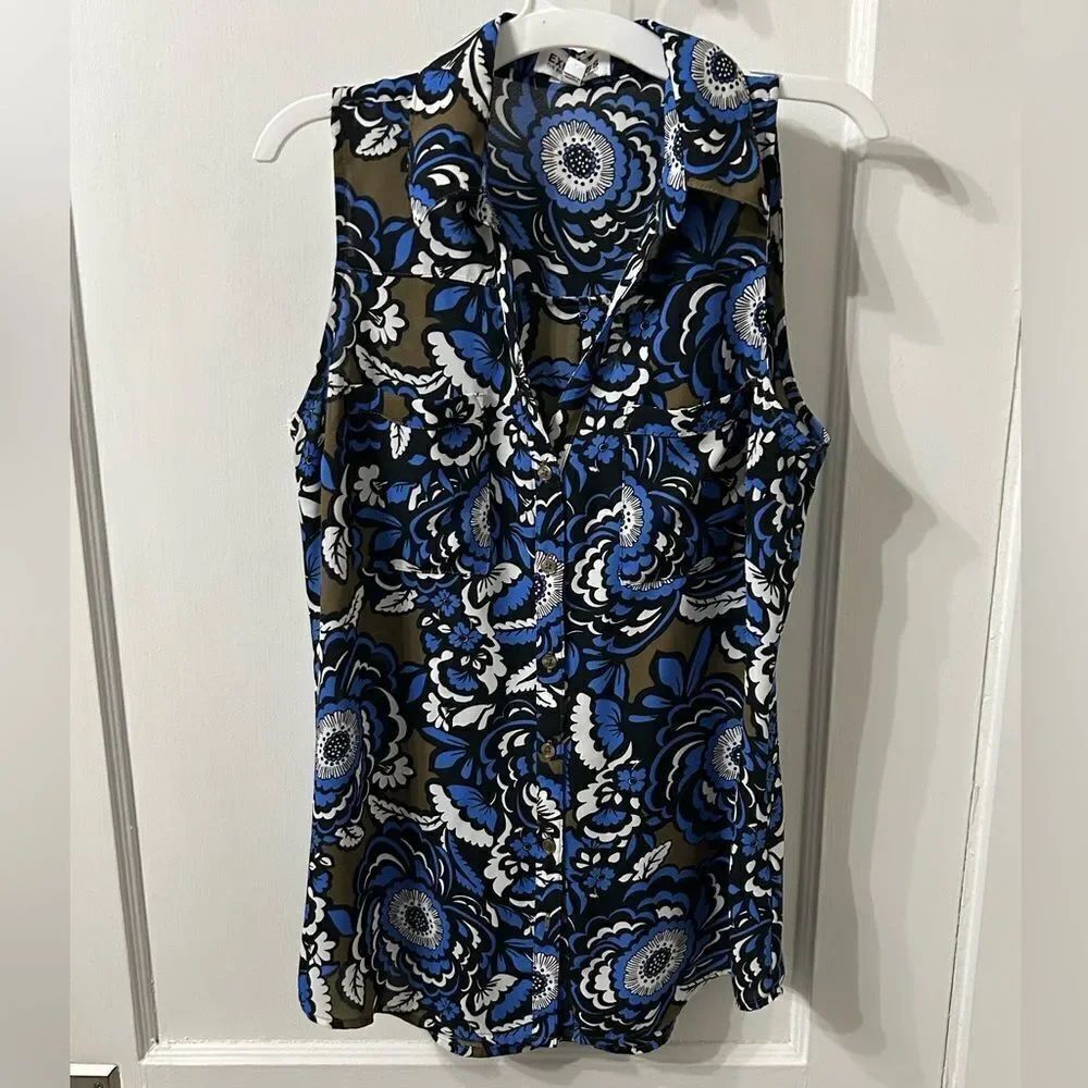 Express Blue and Black Ruffled Sleeveless Blouse